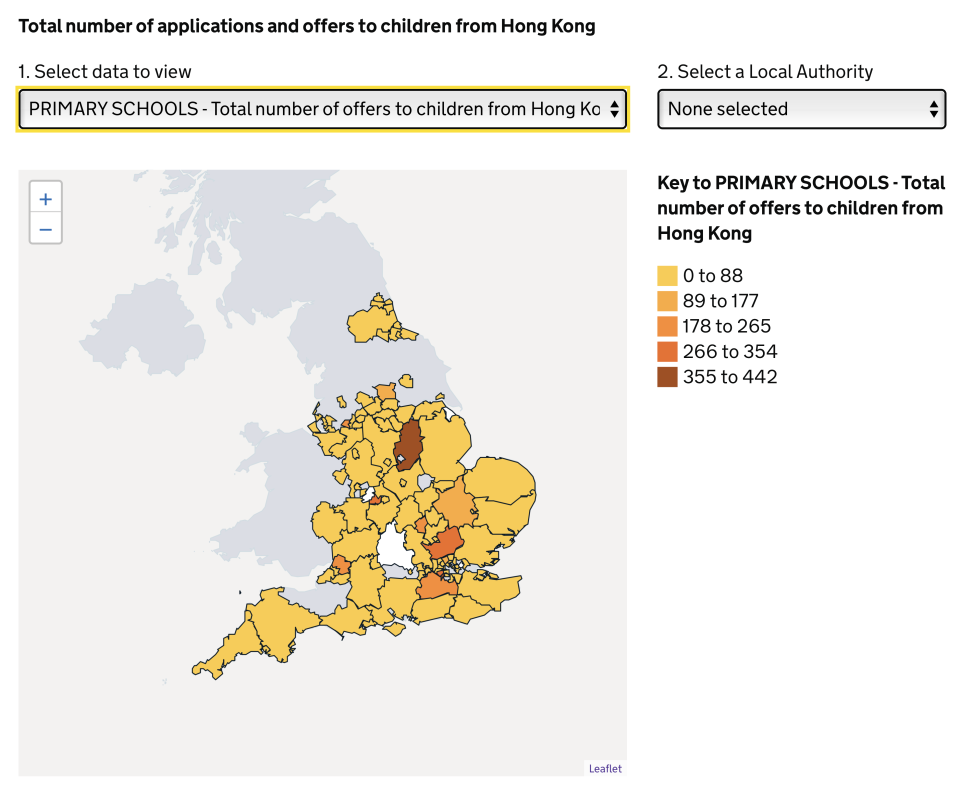 2021-22 學年，小學學童入學申請獲批地圖。圖：gov.uk