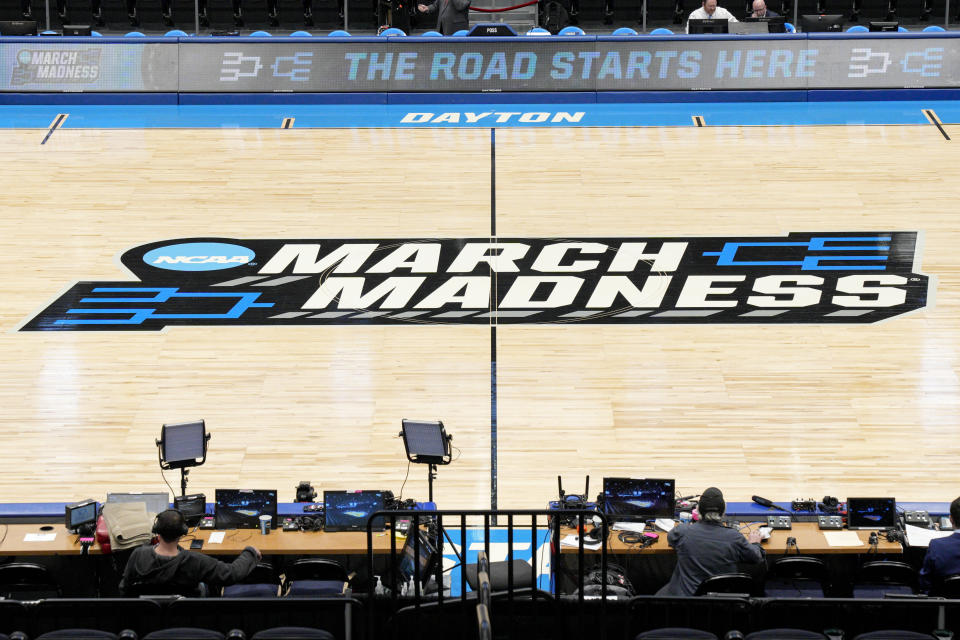 A general view of the court prior to a First Four college basketball game between Wagner and Howard in the NCAA Tournament in Dayton, Ohio, Tuesday, March 19, 2024. (AP Photo/Jeff Dean)