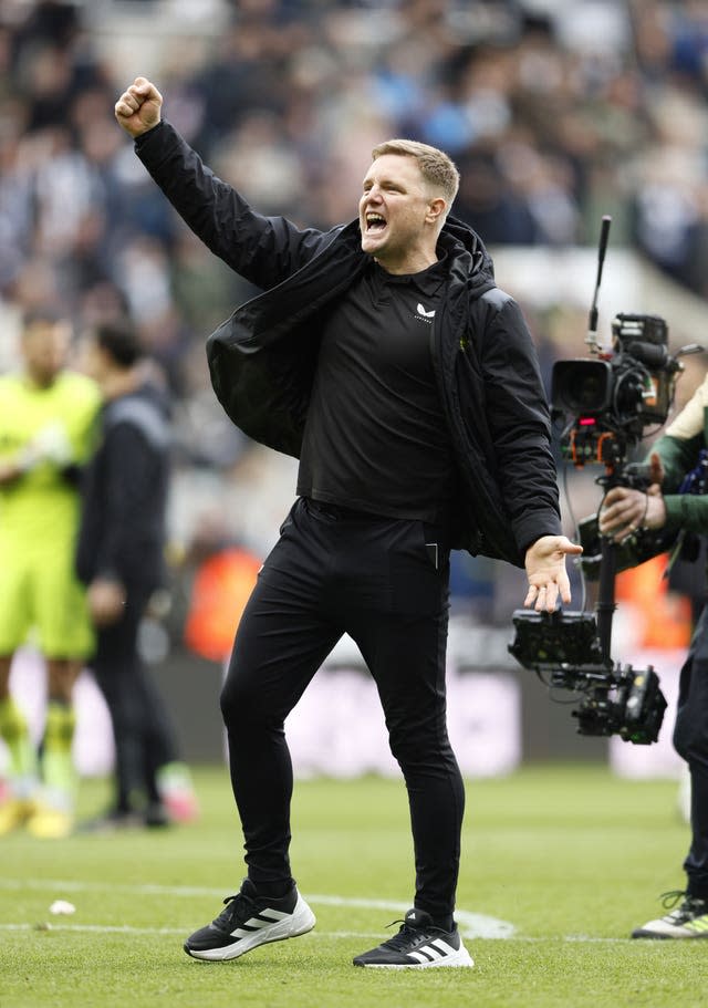 Eddie Howe punches the air in celebration after Newcastle's Premier League match against West Ham