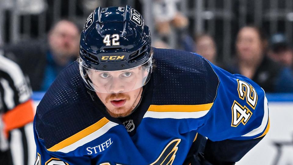 ST. LOUIS, MO - MARCH 19: St. Louis Blues right wing Kasperi Kapanen (42) during a game between the Winnipeg Jets and the St. Louis Blues on March 19 2023, at the Enterprise Center in St. Louis MO (Photo by Rick Ulreich/Icon Sportswire via Getty Images)
