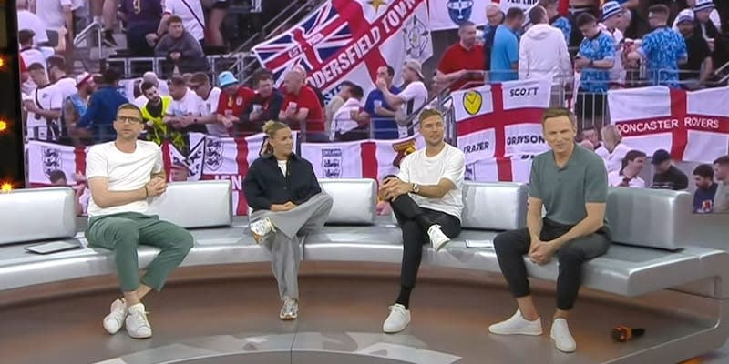 Sie sprachen am Donnerstag im ZDF über das Spiel England gegen Dänemark, von links: Per Mertesacker, Laura Freigang, Christoph Kramer und Jochen Breyer.<span class="copyright">ZDF</span>