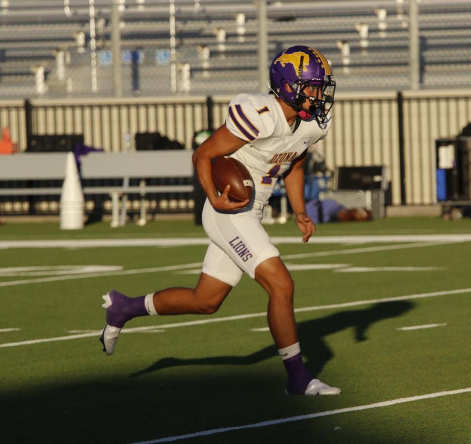 Ozona running back Christian Villarreal runs with the ball against Reagan County at James H. Bird Memorial Stadium in Big Lake, Texas on Oct. 20, 2023.