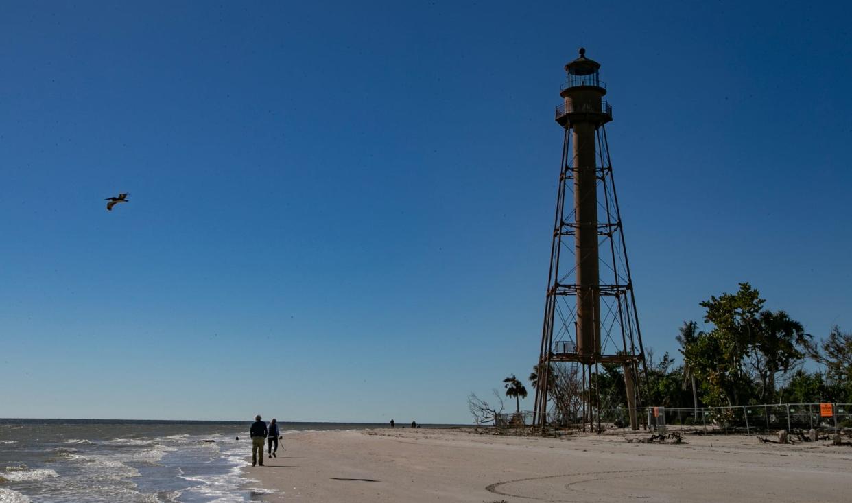 The Sanibel Lighthouse is still under repair Tuesday, Dec. 19 2023, after suffering the impacts from Hurricane Ian last year.