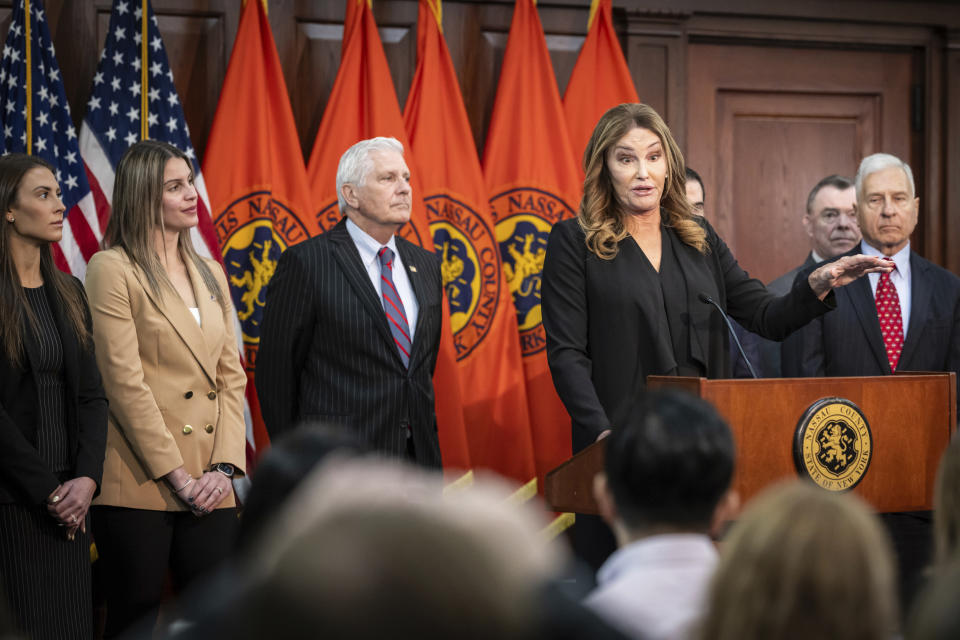 Caitlyn Jenner speaks at a press conference, Monday, March 18, 2024, in Mineola, N.Y. The former Olympic gold medalist threw her support behind a local New York official’s order banning female sports teams with transgender athletes from using county-owned facilities. (AP Photo/Stefan Jeremiah)