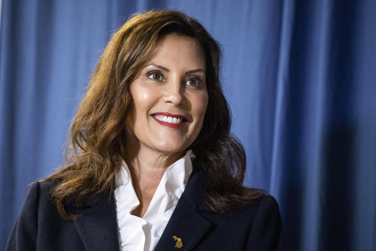 Michigan Gov. Gretchen Whitmer waits to speak at a canvass kickoff on Aug. 2, 2022, in Grand Rapids. (Bill Pugliano / Getty Images)