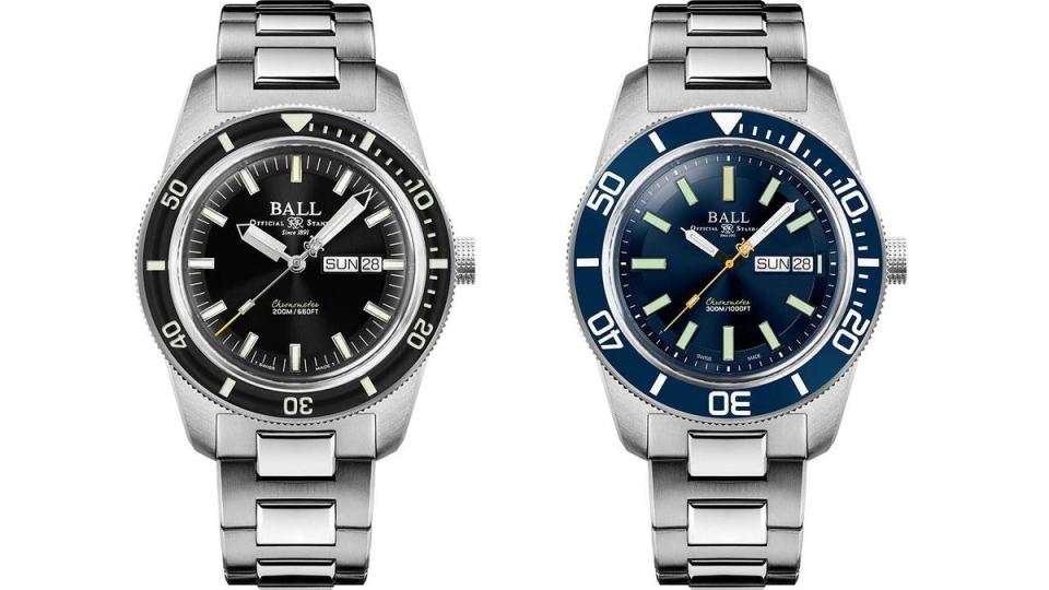 第二代（左）的Skindiver和第三代（右）相比，在防水深度、錶圈材質、錶徑和厚度、三點鐘位置的燈管設計、還有燈管支數等處都做了調整，顏色上也新增潛水錶萬年不敗的藍圈藍面配色。