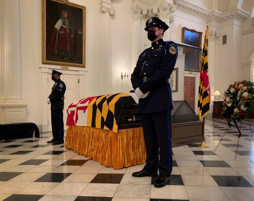 Maryland Senate President Emeritus Thomas V. Mike Miller, Jr. lies in state at the Maryland Statehouse in Annapolis, Md., on Friday, Jan. 22, 2021. Miller was a state legislator for 50 years. A Democrat, he served as president of the Maryland Senate for 33 years. He announced he was stepping down from the post in 2019, but he remained a senator until December. (Bill O'Leary/The Washington Post via AP, Pool)