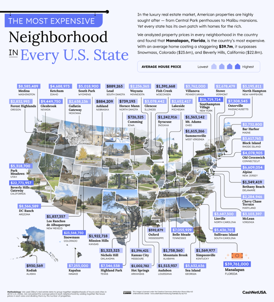 A map of the most expensive neighborhoods in all 50 U.S. states, according to CashNetUSA.
