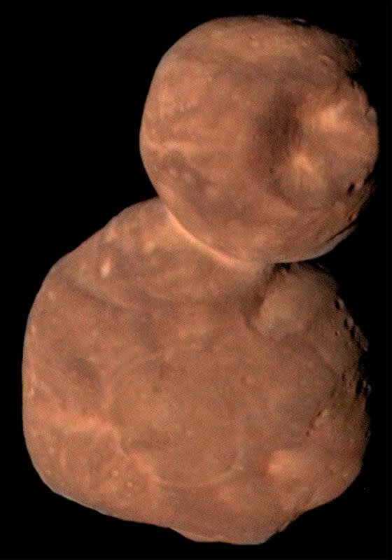 A composite image shows the Kuiper Belt object Arrokoth from NASA New Horizons Spacecraft Data