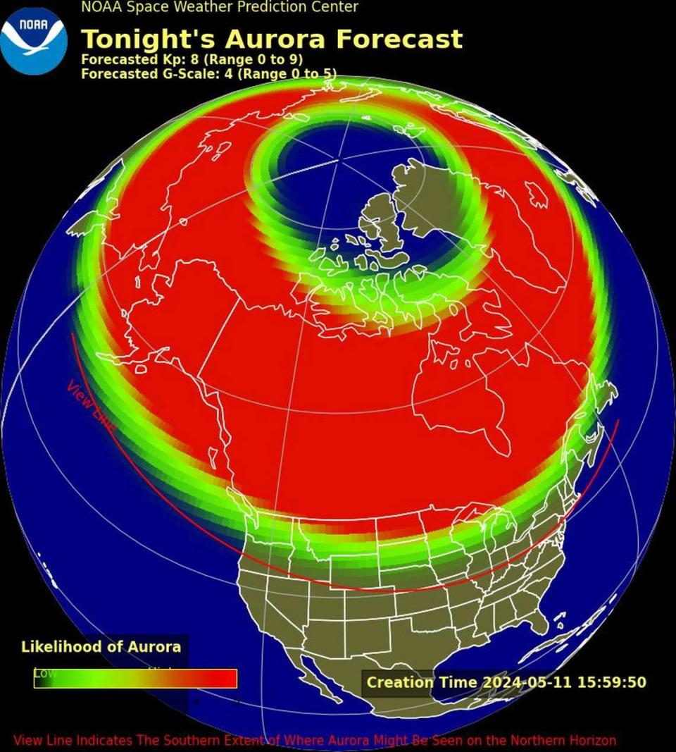 The aurora forecast for the night of Saturday, May 11. Aurora can be observed from sunset to sunrise from as far as 1,000 kilometers away depending on conditions.