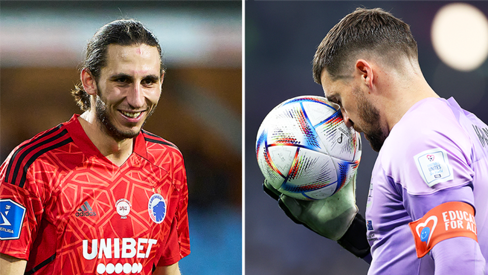 Socceroos captain Mat Ryan (pictured right) angered and (pictured left0 Copenhagen goalkeeper Kamil Grabara smiling.