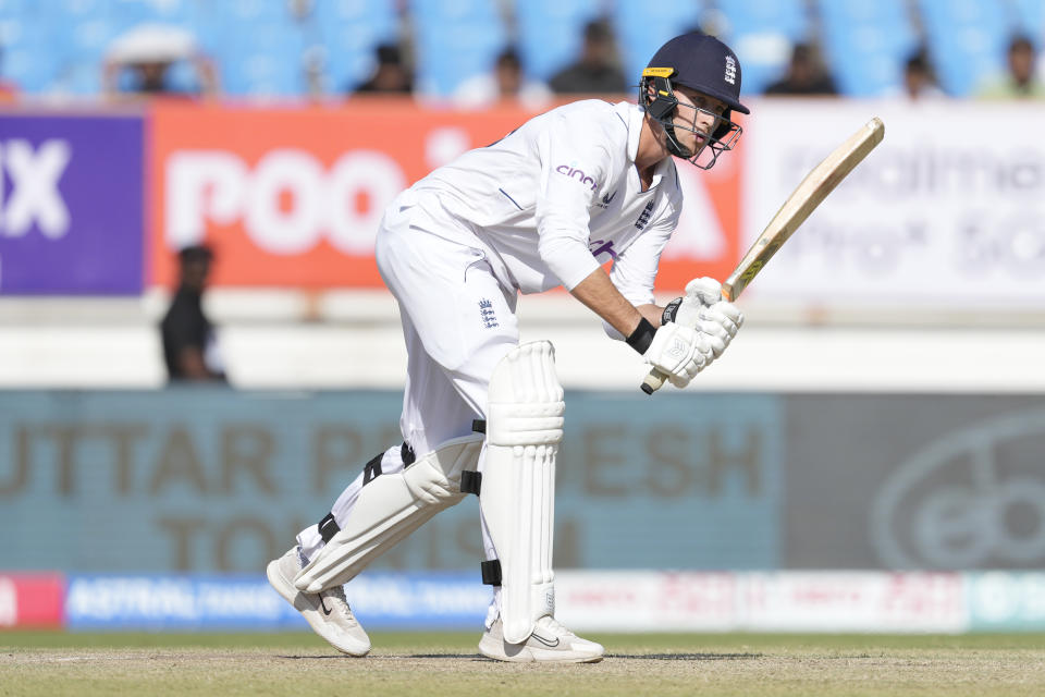 England's Tom Hartley plays a shot on the fourth day of the third cricket test match between England and India in Rajkot, India, Sunday, Feb. 18, 2024. (AP Photo/Ajit Solanki)