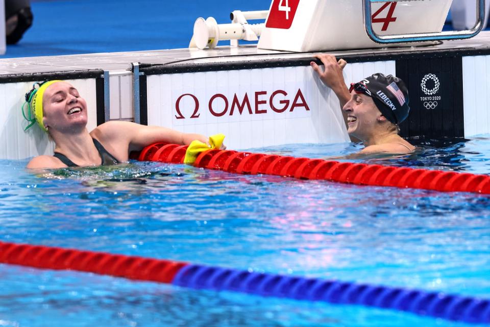 USA swimmer Katie Ledecky reacts after finishing second to Australia's Ariarne Titmus