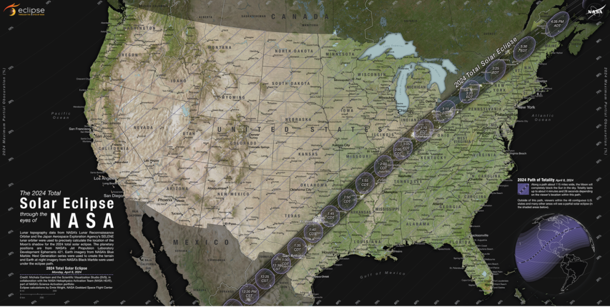 April 8, 2024 total solar eclipse path over North America