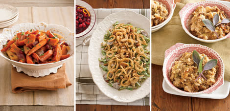 Balsamic Root Vegetables, Green Bean Casserole, and Cornbread Dressing