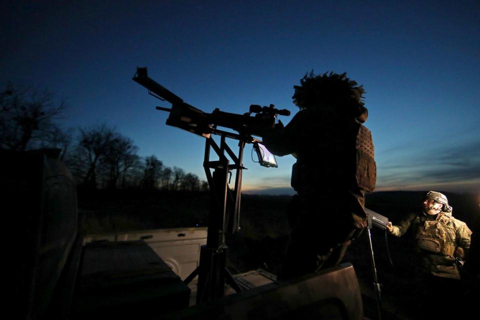 Servicemen of one of the mobile air defense units of the 5th Slobozhanska Brigade of the National Guard of Ukraine are seen on combat duty in unknown location in Ukraine on Feb. 27, 2024. (Vyacheslav Madiyevskyy / Ukrinform/Future Publishing via Getty Images)