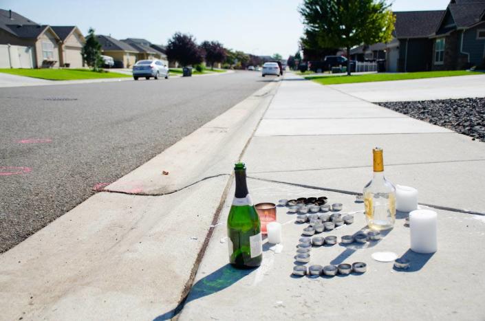 An impromptu memorial was left on the sidewalk in a west Pasco neighborhood in memory of Denali Anderson, a 20-year-old Kennewick man who was shot and killed at a party on Aug. 6, 2022.