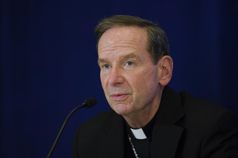 FILE - Bishop Michael Francis Burbidge, of the diocese of Arlington, Va., speaks during a news conference at the Fall General Assembly meeting of the United States Conference of Catholic Bishops, Wednesday, Nov. 17, 2021, in Baltimore. Burbidge, the chairman of the U.S. bishops’ Committee on Pro-life Activities, said the Catholic leadership needed to convey more clearly that it is “pro-women” -- even as it supports state legislation aimed at limiting their options regarding unwanted pregnancies. (AP Photo/Julio Cortez, File)