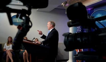 TV cameras are unmanned as White House spokesman Sean Spicer holds a off-camera briefing (no TV) at the White House in Washington, U.S., June 26, 2017. REUTERS/Kevin Lamarque