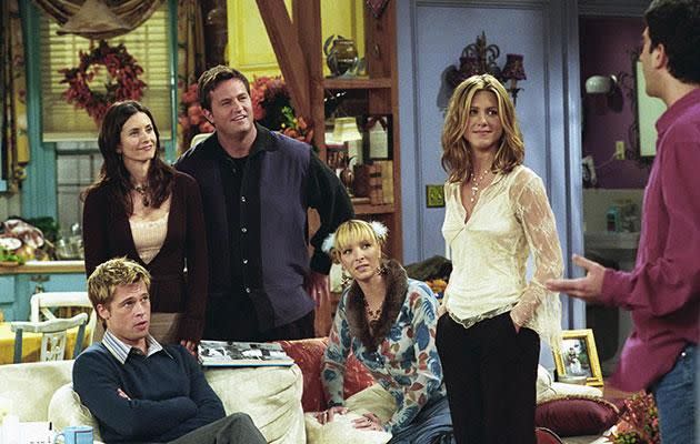 Now sources claim a movie collab is more likely than a reunion of Friends, which Brad once guest-starred in. Source: Getty