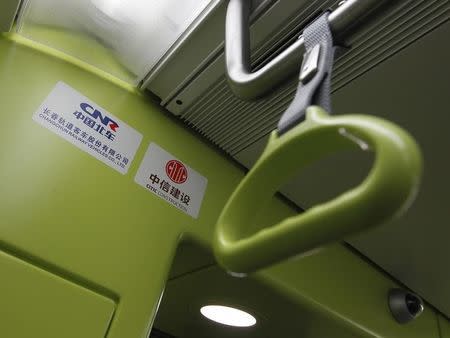 A handrail hangs in one of the 45 new train wagons that were bought from China's CNR, in a Buenos Aires' subway station February 14, 2013. REUTERS/Enrique Marcarian