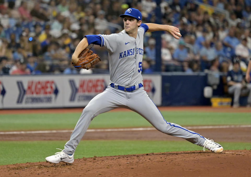 Kansas City Royals starter Daniel Lynch pitches against the Tampa Bay Rays during the fourth inning of a baseball game Sunday, June 25, 2023, in St. Petersburg, Fla. (AP Photo/Steve Nesius)