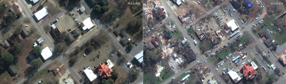 Satellite images showing (left) Walnut street in Rolling Fork, Mississippi, on December 27, 2022, and (right) the same street in the aftermath of Friday’s tornado (Satellite image ©2023 Maxar Technologies)