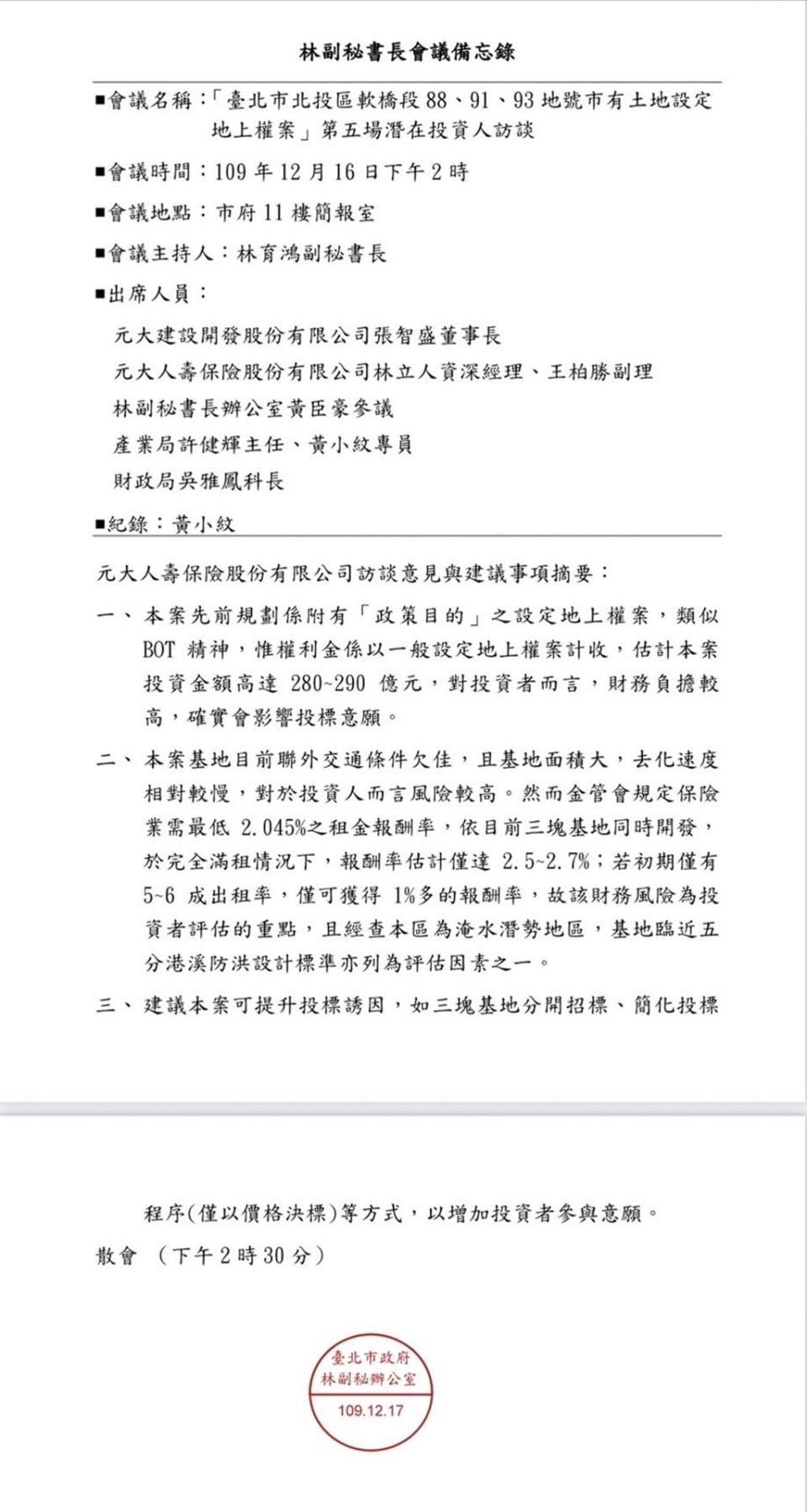 民進黨台北市議員許淑華曬出北市府與元大的訪談紀錄。（台北市議員許淑華提供／劉彥宜台北傳真）