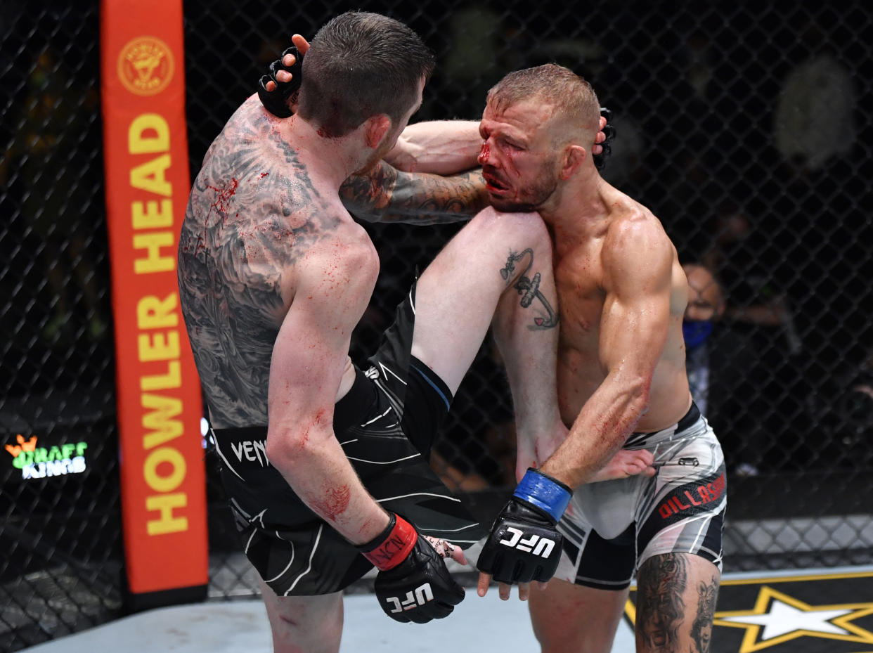 LAS VEGAS, NEVADA - JULY 24: (L-R) Corey Sandhagen knees T.J. Dillashaw in their bantamweight fight during the UFC Fight Night event at UFC APEX on July 24, 2021 in Las Vegas, Nevada. (Photo by Jeff Bottari/Zuffa LLC)