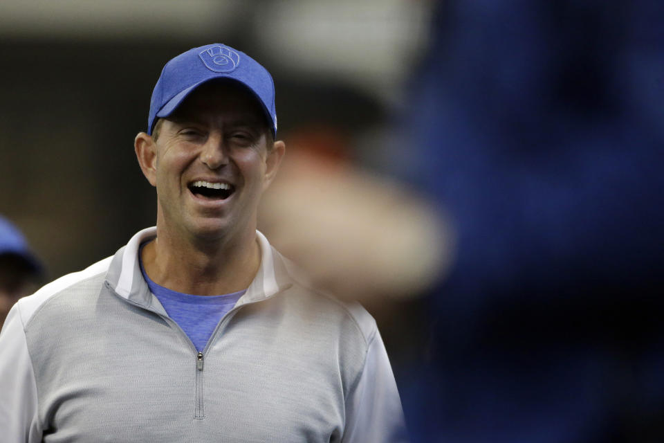 Clemson football head coach Dabo Swinney smiles during the sixth inning of a baseball game between the Milwaukee Brewers and the Washington Nationals Wednesday, May 8, 2019, in Milwaukee. (AP Photo/Aaron Gash)