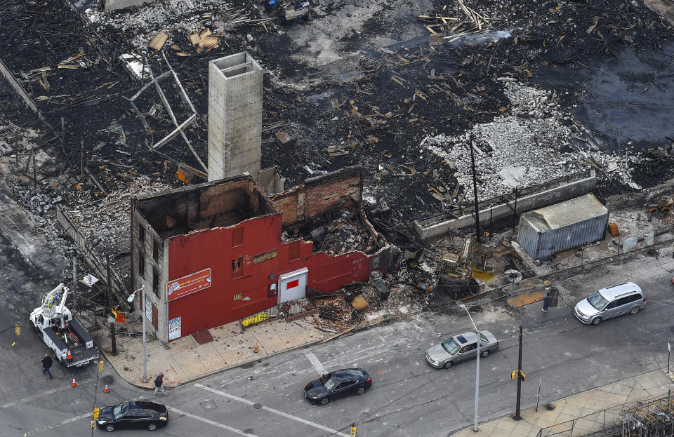 BALTIMORE, MD - APRIL 28: Shown is the charred remains of a senior center under construction at Federal and Gay Streets on April 28, 2015, that was burned down during Monday's riots in Baltimore, Md. Crowds of people in the downtown streets of Baltimore began rioting after funeral services for Freddie Gray. Folks resorted to looting, starting fires, and confrontations with law enforcement leading to several arrests on Monday. (Photo by Ricky Carioti/The Washington Post via Getty Images)