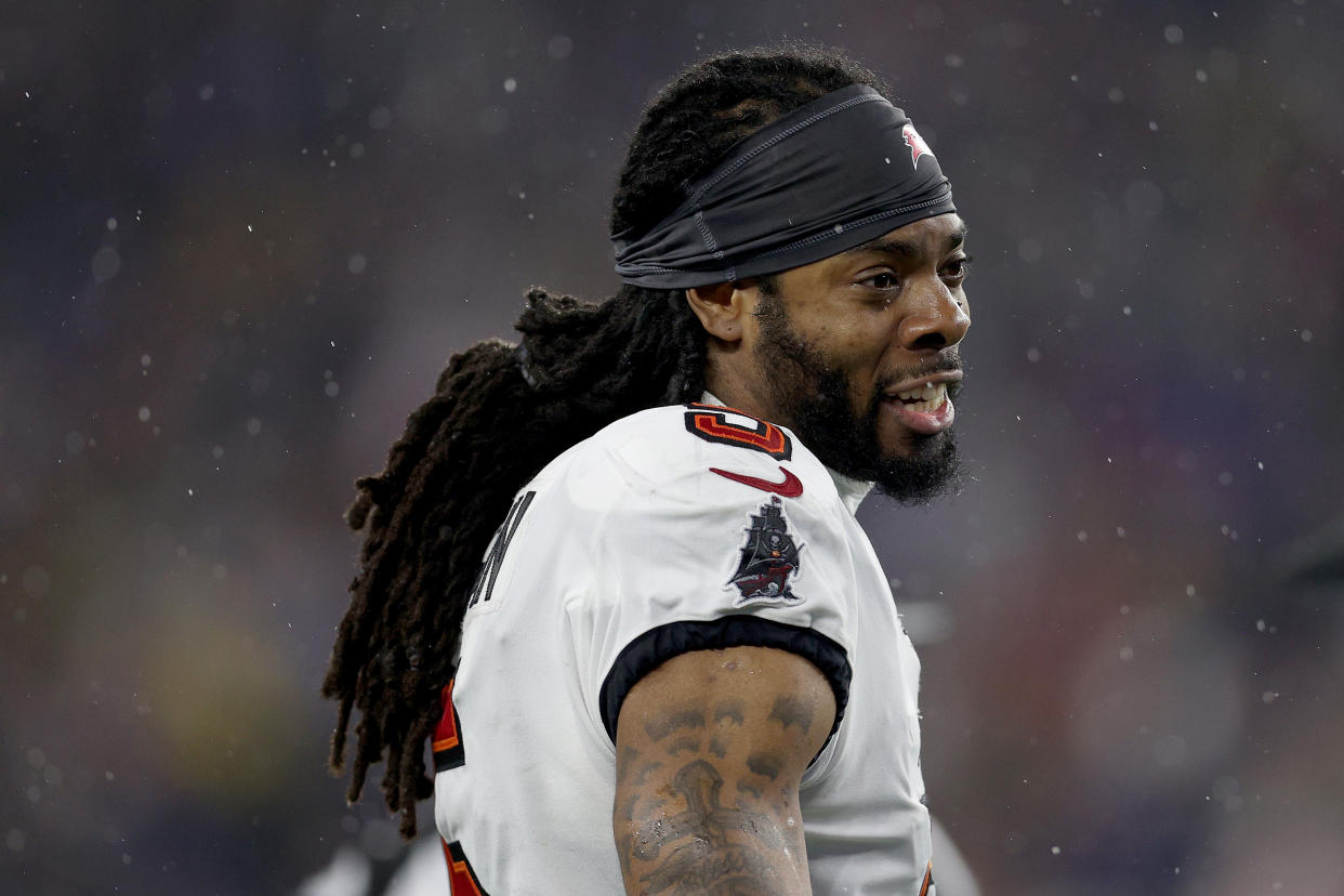 Richard Sherman #5 of the Tampa Bay Buccaneers looks on against the New England Patriots during the second quarter in the game at Gillette Stadium on October 03, 2021 in Foxborough, Massachusetts. (Photo by Maddie Meyer/Getty Images)