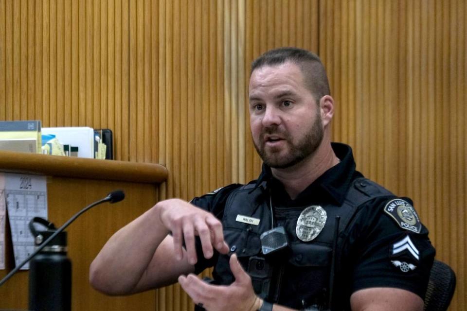 San Luis Obispo Police Officer Joshua Walsh testifies at the preliminary hearing against Daniel Saligan Patricio at San Luis Obispo Superior Court on Nov. 14, 2023. Saligan Patricio is charged with two counts of vehicular manslaughter for the killings of Jennifer Besser and Matthew Chachere on Nov. 21, 2022.
