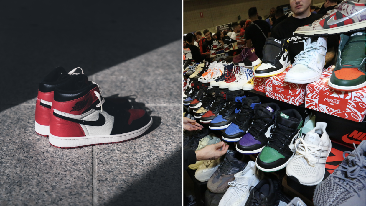 Air Jordan 1 retro black red sneakers (left) and row of sneakers (Photos: Getty Images)