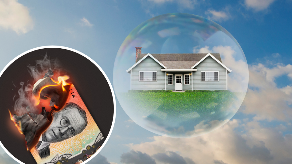 Image of house in a bubble, burning money