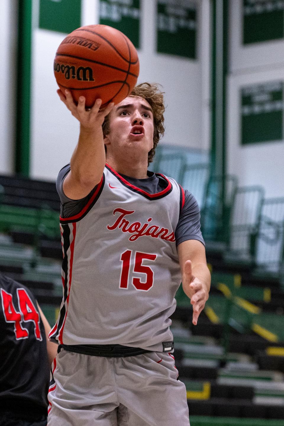 Center Grove High School's Joey Schmitz (15) shoots during Charlie Hughes Shootout basketball action, Saturday, June 24, 2023, at Westfield High School.