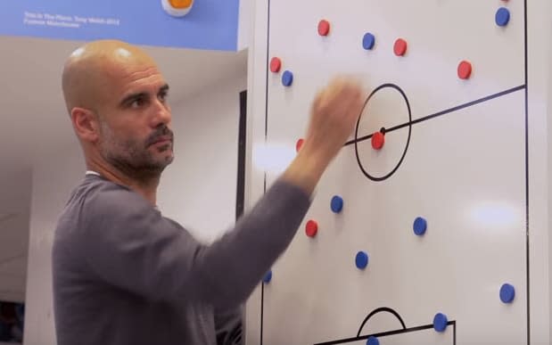 Pep Guardiola is seen in the team changing room throughout the trailer talking tactics and performance - Amazon Prime Video