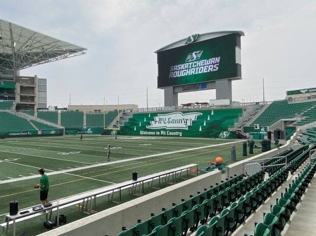 Teams like the Saskatchewan Roughriders who do not hit the 85 per cent rate for partial or full vaccination against COVID-19 will not be paid if their games are cancelled due to an outbreak. (Matthew Howard/CBC News - image credit)