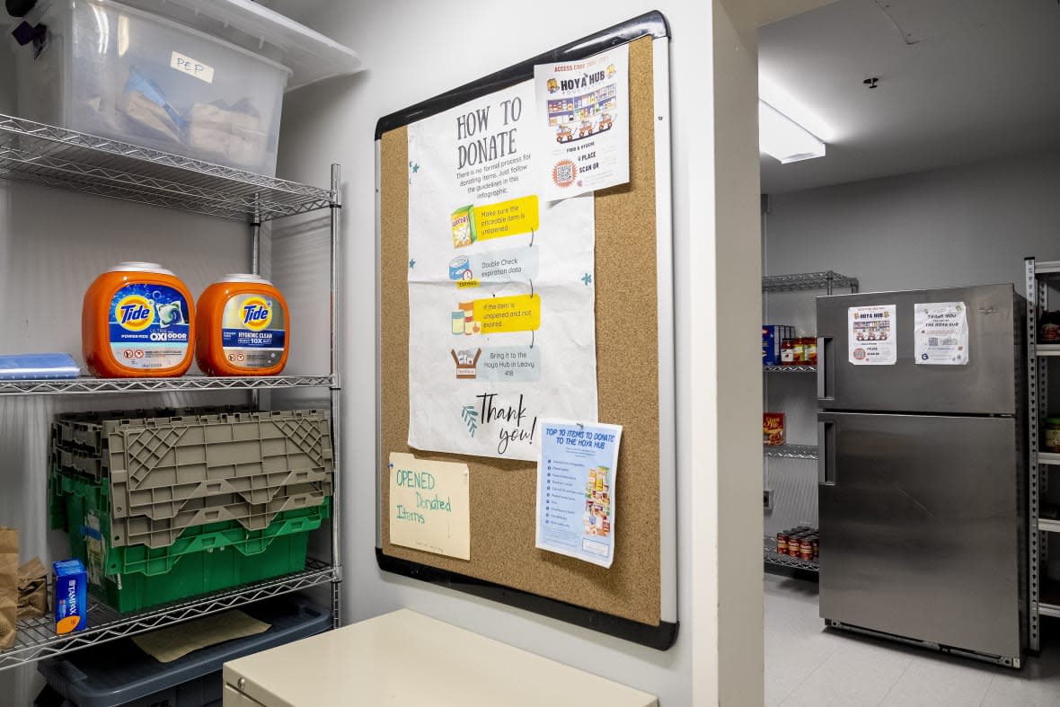 Georgetown University’s Hoya Hub on-campus food pantry offers an assortment of food and household supplies for students in need, Friday, June 9, 2023 in Washington. (AP Photo/Andrew Harnik)