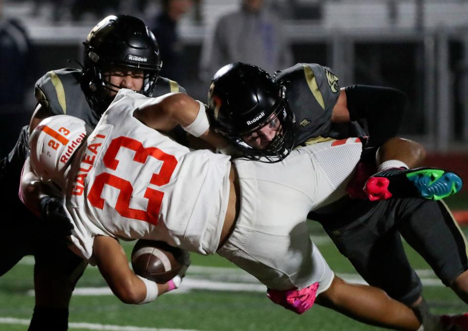 Timpview’s Aisa Galea’I gets tackled into the end zone, scoring a touchdown, in a varsity football game against Maple Mountain at Maple Mountain High School in Spanish Fork on Friday, Oct. 6, 2023. Timpview won 42-20. | Kristin Murphy, Deseret News