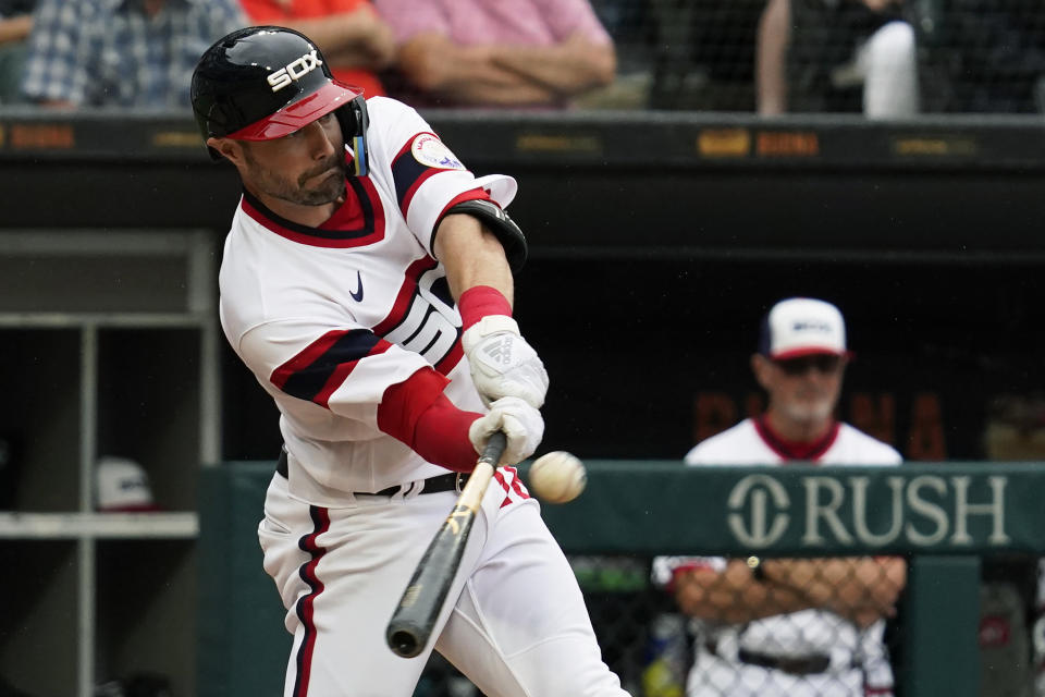 Chicago White Sox's AJ Pollock hits a one-run double against the Minnesota Twins during the seventh inning of a baseball game in Chicago, Sunday, Sept. 4, 2022. (AP Photo/Nam Y. Huh)