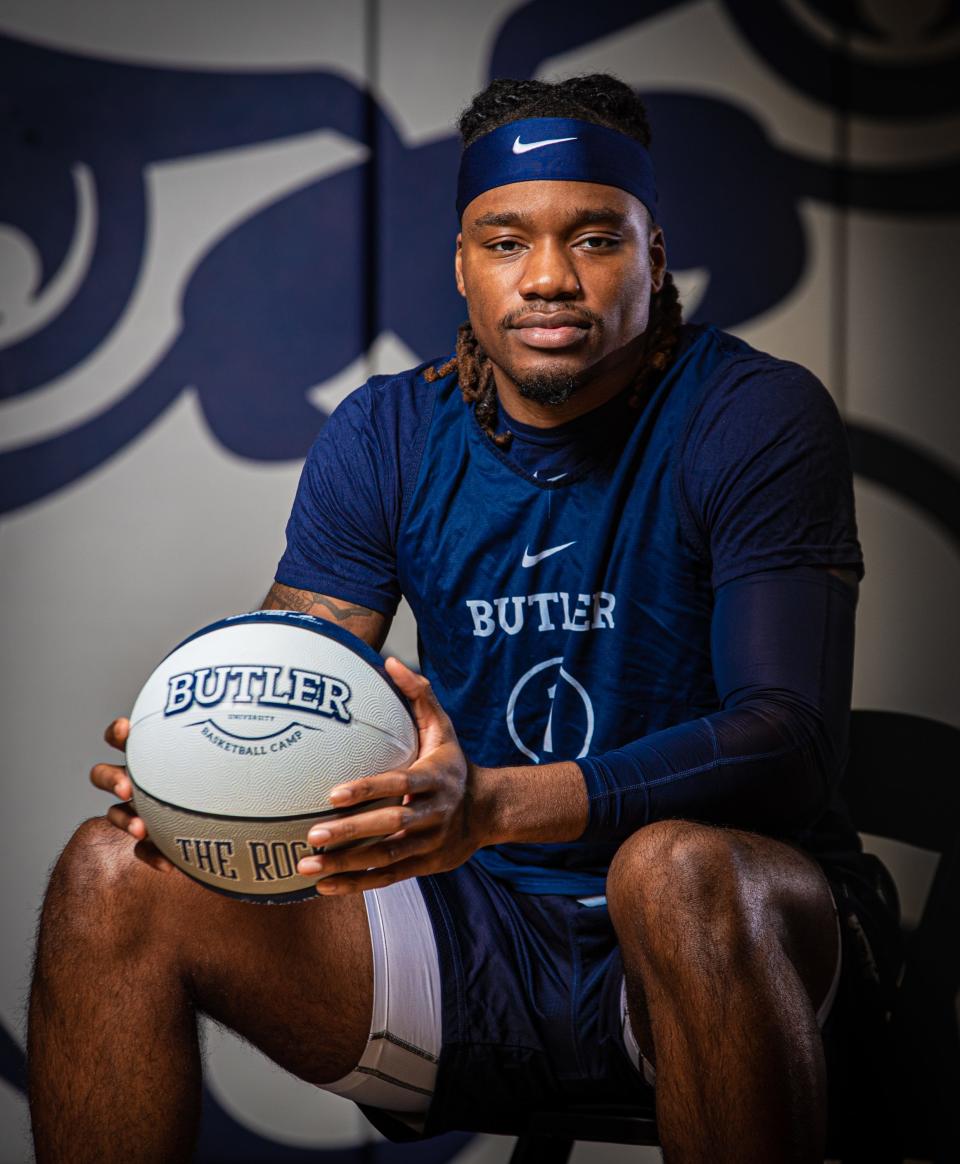 Butler University basketball player Jahmyl Telfort Media Day on Wednesday, Oct. 17, 2023, in the Butler University practice gym in Indianapolis.