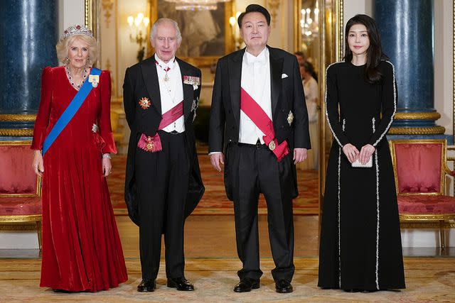 <p>YUI MOK/POOL/AFP via Getty Images</p> Queen Camilla at the State Banquet to honor President Yoon Suk Yeol of Korea on Nov 21, 2023