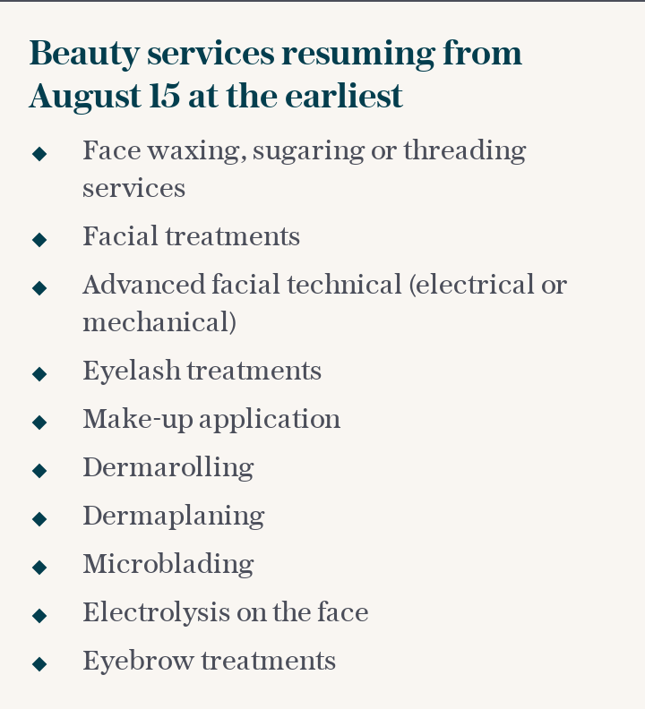 Beauty services resuming from August 15