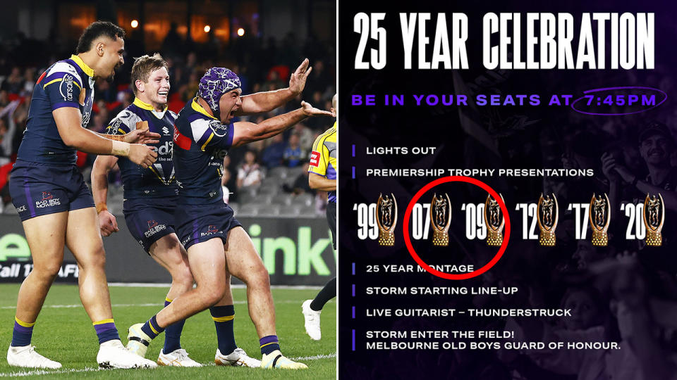 Storm players celebrate a try on the left, with the promotional material for their 25th year in the NRL on the right.