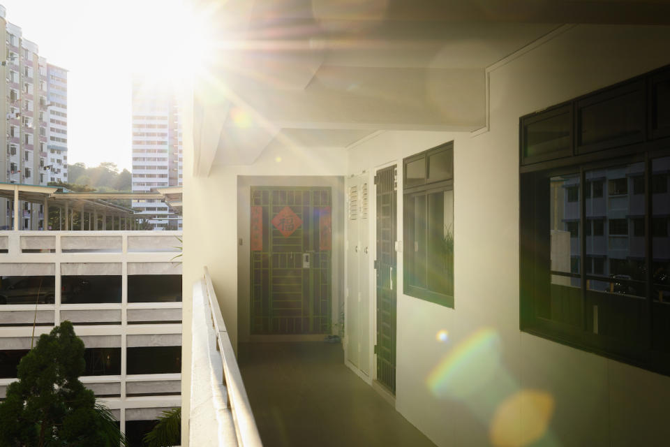 A corridor of a HDB flat in Singapore in the morning