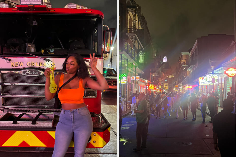 Person holding a Mardi Gras mask in front of a New Orleans fire truck; Street scene in New Orleans with people walking and neon signs