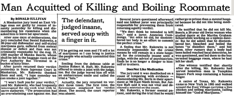 Newspaper article about acquittal in a murder case with details on the trial and suspect's background