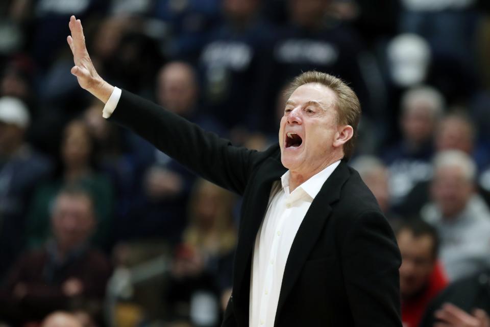 St. John's coach Rick Pitino reacts during the second half of the team's NCAA college basketball game against UConn, Saturday, Dec. 23, 2023, in Hartford, Conn. (AP Photo/Michael Dwyer)