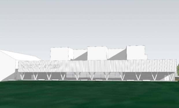 An artist's rendering of the Dalhousie Event Centre, viewed from Wickwire Field. (Dalhousie University - image credit)